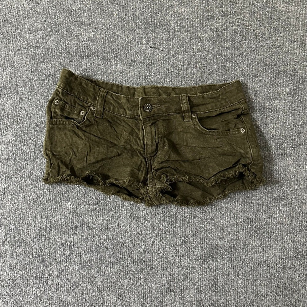 Carmar Denim Shorts Womens Size 28 Olive Green Low Rise Frayed Hem Rhinestone